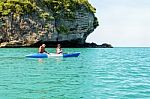 Mother And Daughter Take Pictures On Kayak Stock Photo