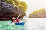 Mother And Daughter Travel By Kayak Stock Photo