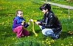 Mother Weaves A Wreath Of Dandelions For Her Daughter Stock Photo