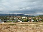 Mountain Panorama, Landscape And Buildings Stock Photo