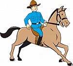 Mounted Police Officer Riding Horse Cartoon Stock Photo