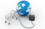 Mouse, Globe And Shopping Cart Symbol. Global Purchase Stock Photo