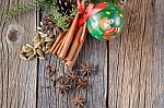 Mulled Wine Recipe, Spices On Wooden Background Stock Photo