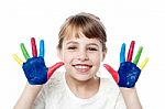 Multicolored Palms Of Cute Girl Stock Photo