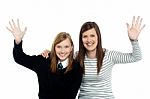 Mum And Daughter Waving Hands At The Camera Stock Photo