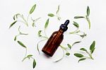 Natural Sage Essential Oil With Sage Leaves On White  Background Stock Photo