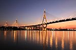 Night View Of Bhumibol Bridge In Thailand Stock Photo