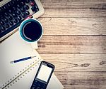 Office Desk With Coffee Background Stock Photo