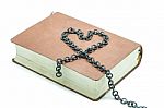 Old Book With Chain In The Shape Of A Heart Isolated On White Ba Stock Photo