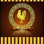 One Gold  Roosters In Chinese Circle On Brown Background And Shadow Stock Photo