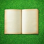 Opened Old Book On Green Grass Stock Photo