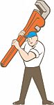 Plumber Carrying Monkey Wrench Cartoon Stock Photo