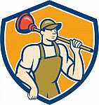 Plumber Holding Plunger Cartoon Stock Photo