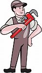 Plumber Pointing Monkey Wrench Standing Cartoon Stock Photo