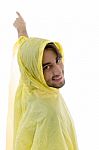 Pointing Male Wearing Raincoat Stock Photo