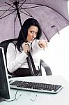 Pointing Woman With Umbrella And Computer Stock Photo