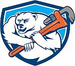 Polar Bear Plumber Monkey Wrench Shield Cartoon Stock Photo