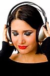 Portrait Of Beautiful Woman Listening Music Stock Photo