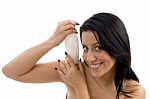 Portrait Of Female With Lotion Bottle Stock Photo