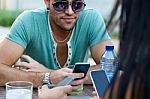 Portrait Of Group Friends Having Fun With Smartphones Stock Photo