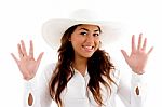 Portrait Of Smiling Woman Showing Her Palms Stock Photo