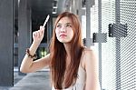 Portrait Of Thai Adult Beautiful Girl Read And Think In University Stock Photo