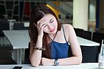 Portrait Of Thai Adult Beautiful Girl Read And Think In University Stock Photo