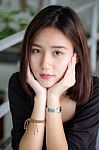 Portrait Of Thai Adult Beautiful Girl Relax And Smile Stock Photo