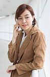 Portrait Of Thai Adult Businesswoman Beautiful Girl Calling Smart Phone Stock Photo