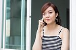 Portrait Of Thai Adult Businesswoman Beautiful Girl Calling Smart Phone Stock Photo