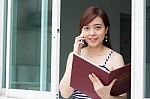 Portrait Of Thai Adult Businesswoman Beautiful Girl Calling Smart Phone Stock Photo