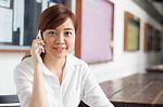 Portrait Of Thai Adult Businesswoman Beautiful Girl Calling Smart Phone Stock Photo