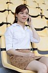 Portrait Of Thai Adult Businesswoman Beautiful Girl Calling Smart Phone Stock Photo