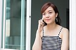 Portrait Of Thai Adult Businesswoman Beautiful Girl Calling Smart Phone Stock Photo