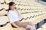 Portrait Of Thai Adult Businesswoman Beautiful Girl Calling Smart Phone Stock Photo