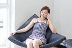 Portrait Of Thai Adult Businesswoman Beautiful Girl Calling Smart Phone Stock Photo