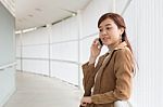 Portrait Of Thai Adult Businesswoman Beautiful Girl Calling Smart Phone Stock Photo