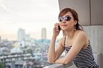 Portrait Of Thai Adult Businesswoman Beautiful Girl Calling Smart Phone Stock Photo