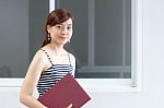 Portrait Of Thai Adult Businesswoman Beautiful Girl Read A Book Stock Photo