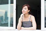 Portrait Of Thai Adult Businesswoman Beautiful Girl Relax And Smile Stock Photo