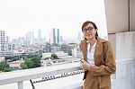 Portrait Of Thai Adult Businesswoman Beautiful Girl Relax And Smile Stock Photo