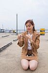 Portrait Of Thai Adult Businesswoman Beautiful Girl Relax And Smile Stock Photo