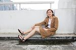 Portrait Of Thai Adult Businesswoman Beautiful Girl Relax And Smile Stock Photo