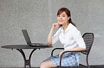 Portrait Of Thai Adult Businesswoman Beautiful Girl Using Computer Notebook Stock Photo