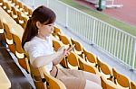 Portrait Of Thai Adult Businesswoman Beautiful Girl Using Her Smart Phone Stock Photo