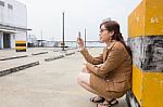 Portrait Of Thai Adult Businesswoman Beautiful Girl Using Her Smart Phone Stock Photo