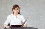 Portrait Of Thai Adult Businesswoman Beautiful Girl Write A Book Stock Photo