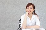 Portrait Of Thai Adult Businesswoman Beautiful Girl Write A Book Stock Photo