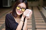 Portrait Of Thai Adult Glasses Beautiful Girl Drinking Coffee Stock Photo