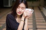 Portrait Of Thai Adult Glasses Beautiful Girl Drinking Coffee Stock Photo